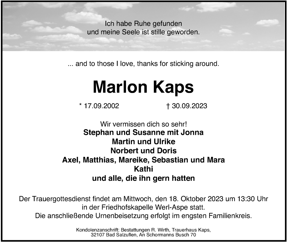  Traueranzeige für Marlon Kaps vom 07.10.2023 aus Lippische Landes-Zeitung