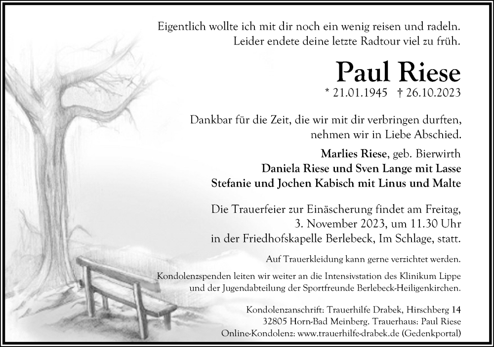  Traueranzeige für Paul Riese vom 28.10.2023 aus Lippische Landes-Zeitung