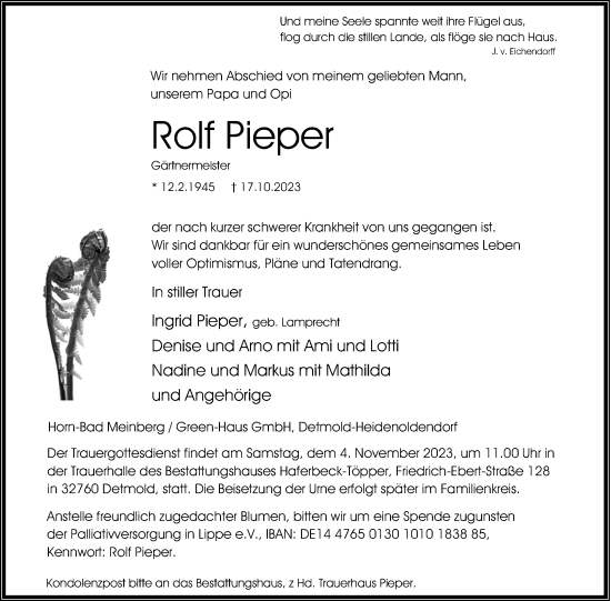 Anzeige  Rolf Pieper  Lippische Landes-Zeitung