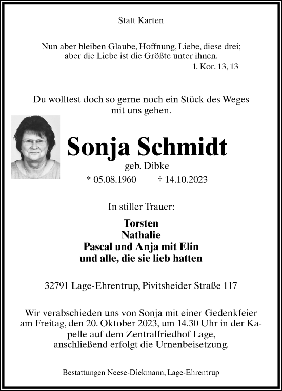 Anzeige  Sonja Schmidt  Lippische Landes-Zeitung