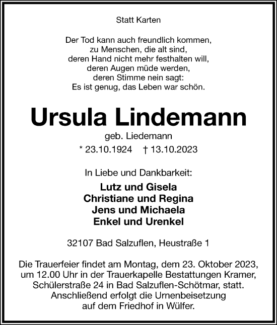 Anzeige  Ursula Lindemann  Lippische Landes-Zeitung