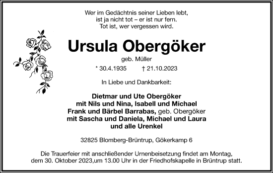 Anzeige  Ursula Obergöker  Lippische Landes-Zeitung