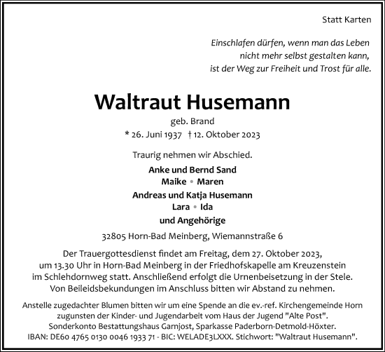 Anzeige  Waltraut Husemann  Lippische Landes-Zeitung