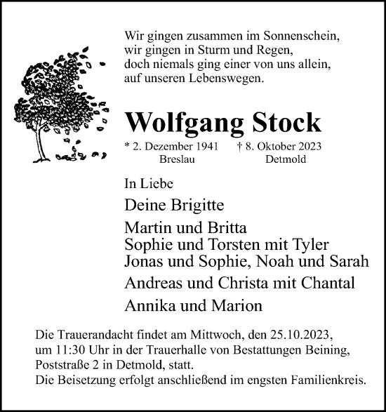 Anzeige  Wolfgang Stock  Lippische Landes-Zeitung