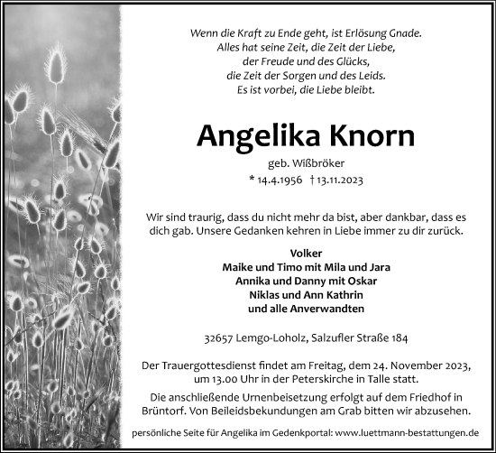 Anzeige  Angelika Knorn  Lippische Landes-Zeitung