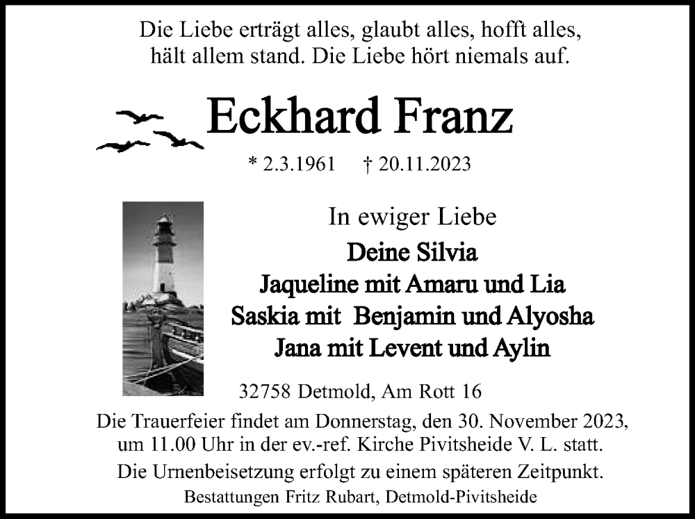  Traueranzeige für Eckhard Franz vom 25.11.2023 aus Lippische Landes-Zeitung