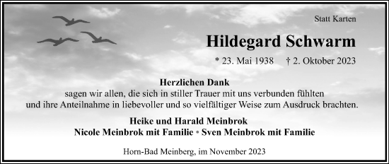 Anzeige  Hildegard Schwarm  Lippische Landes-Zeitung