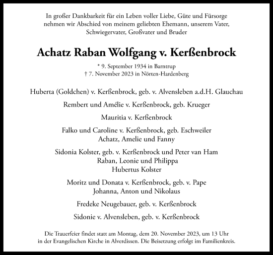 Anzeige  Achatz Raban Wolfgang von Kerßenbrock  Lippische Landes-Zeitung