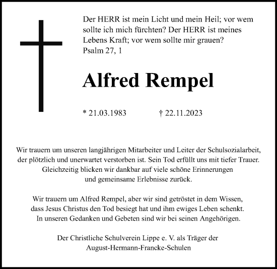 Anzeige  Alfred Rempel  Lippische Landes-Zeitung