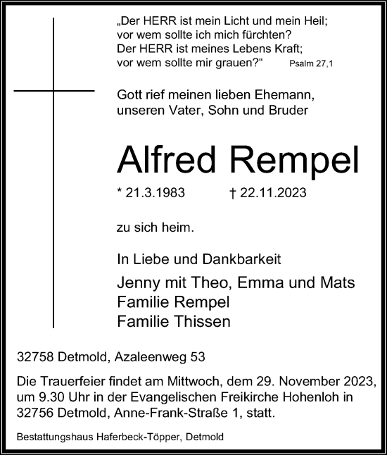Anzeige  Alfred Rempel  Lippische Landes-Zeitung