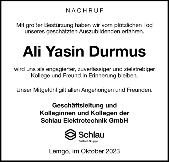 Anzeige  Ali Yasin Durmus  Lippische Landes-Zeitung