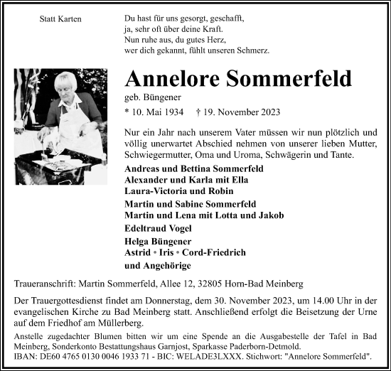 Anzeige  Annelore Sommerfeld  Lippische Landes-Zeitung