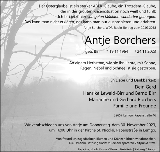 Anzeige  Antje Borchers  Lippische Landes-Zeitung