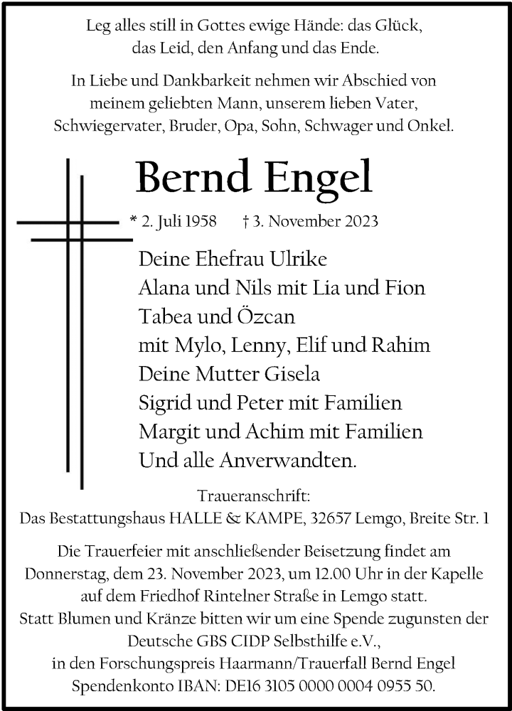  Traueranzeige für Bernd Engel vom 18.11.2023 aus Lippische Landes-Zeitung