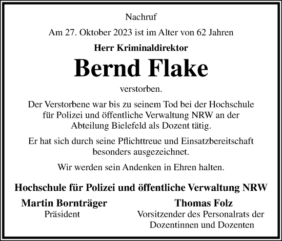 Anzeige  Bernd Flake  Lippische Landes-Zeitung
