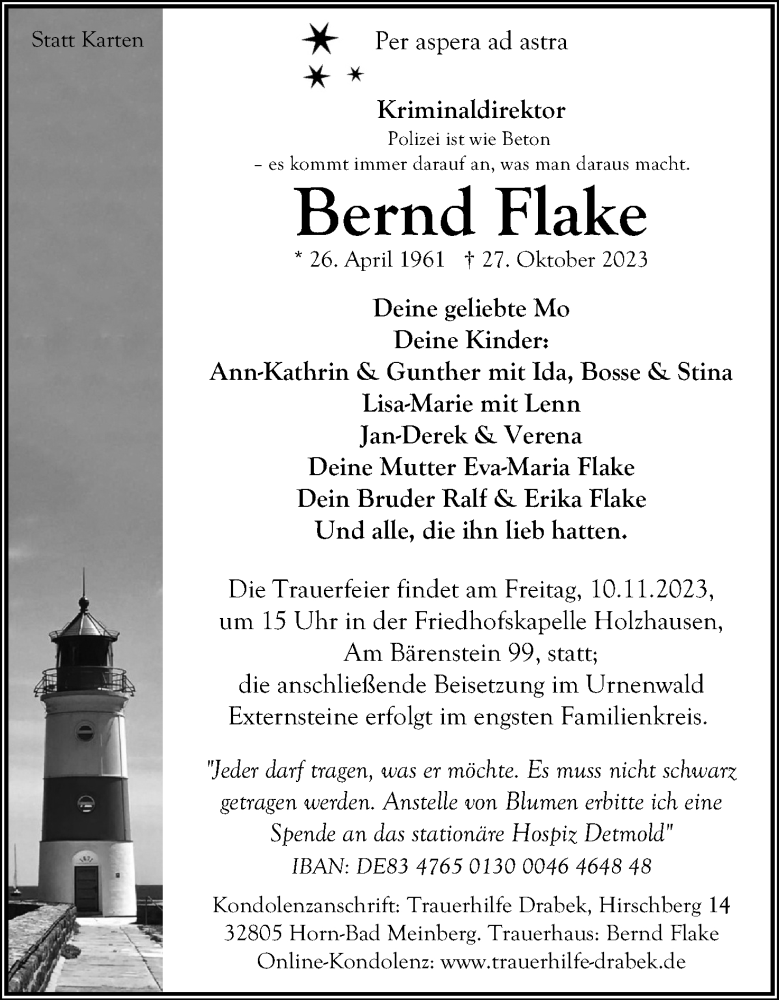  Traueranzeige für Bernd Flake vom 04.11.2023 aus Lippische Landes-Zeitung