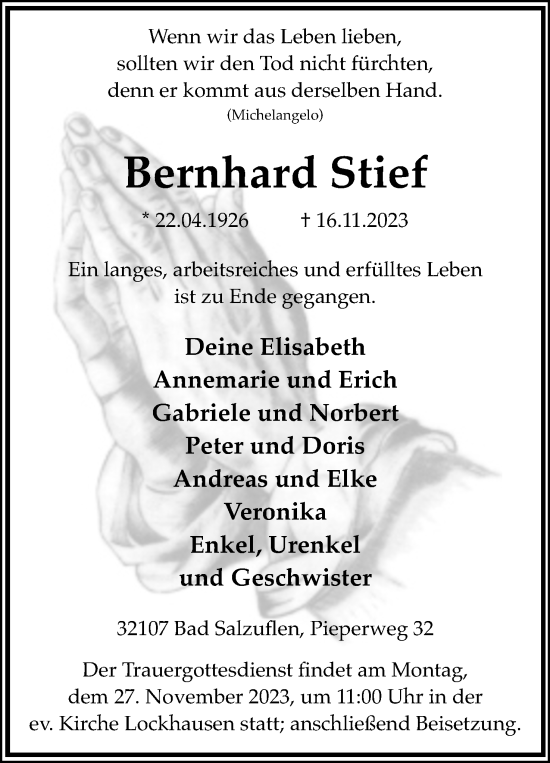 Anzeige  Bernhard Stief  Lippische Landes-Zeitung