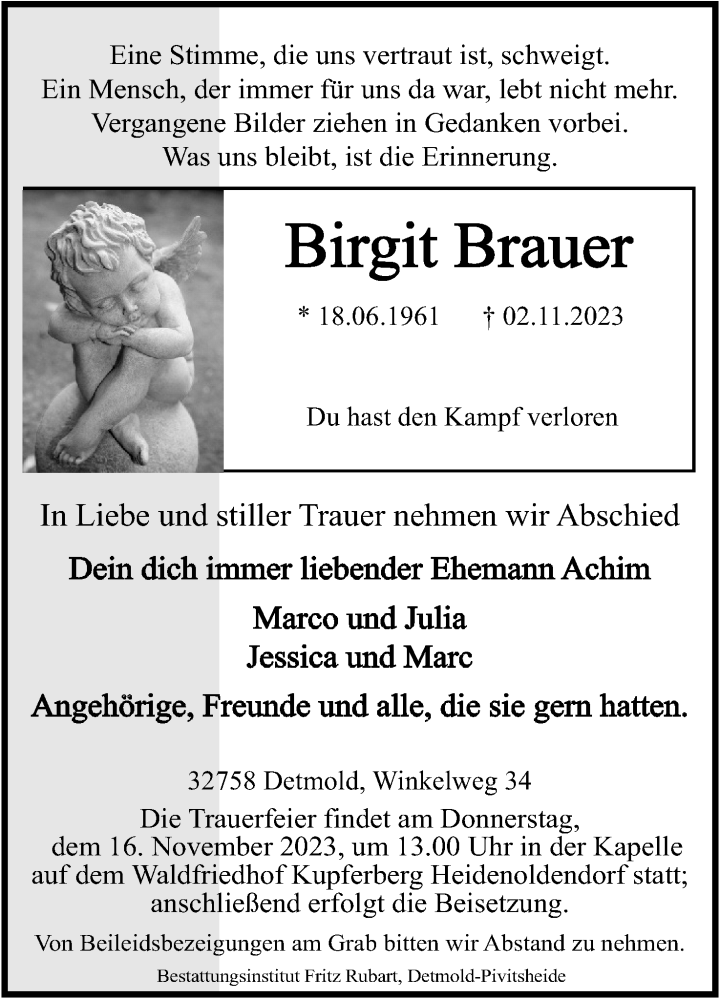  Traueranzeige für Birgit Brauer vom 11.11.2023 aus Lippische Landes-Zeitung