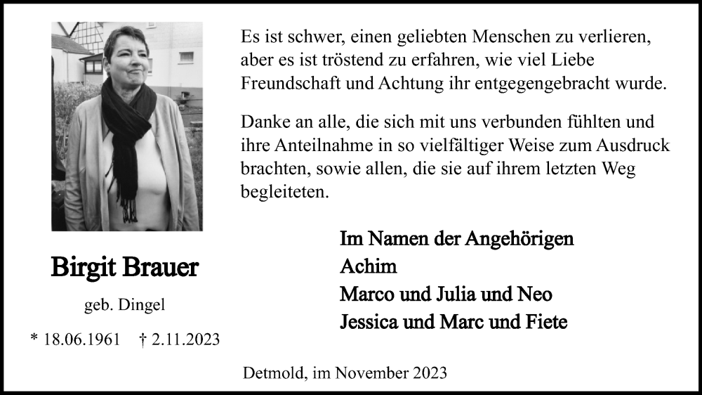  Traueranzeige für Birgit Brauer vom 25.11.2023 aus Lippische Landes-Zeitung