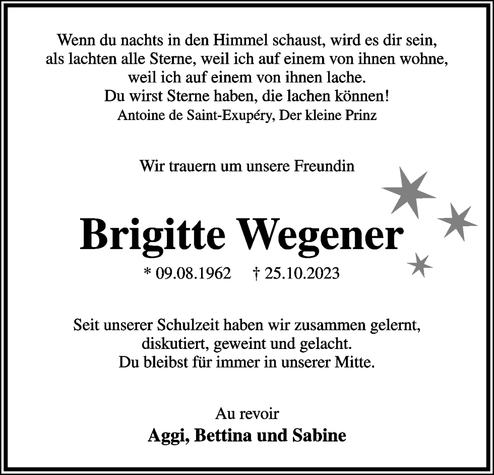  Traueranzeige für Brigitte Wegener vom 04.11.2023 aus Lippische Landes-Zeitung