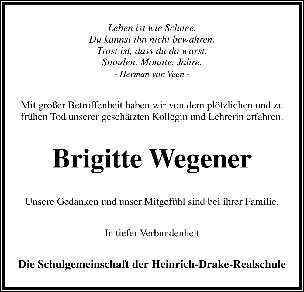  Traueranzeige für Brigitte Wegener vom 04.11.2023 aus Lippische Landes-Zeitung