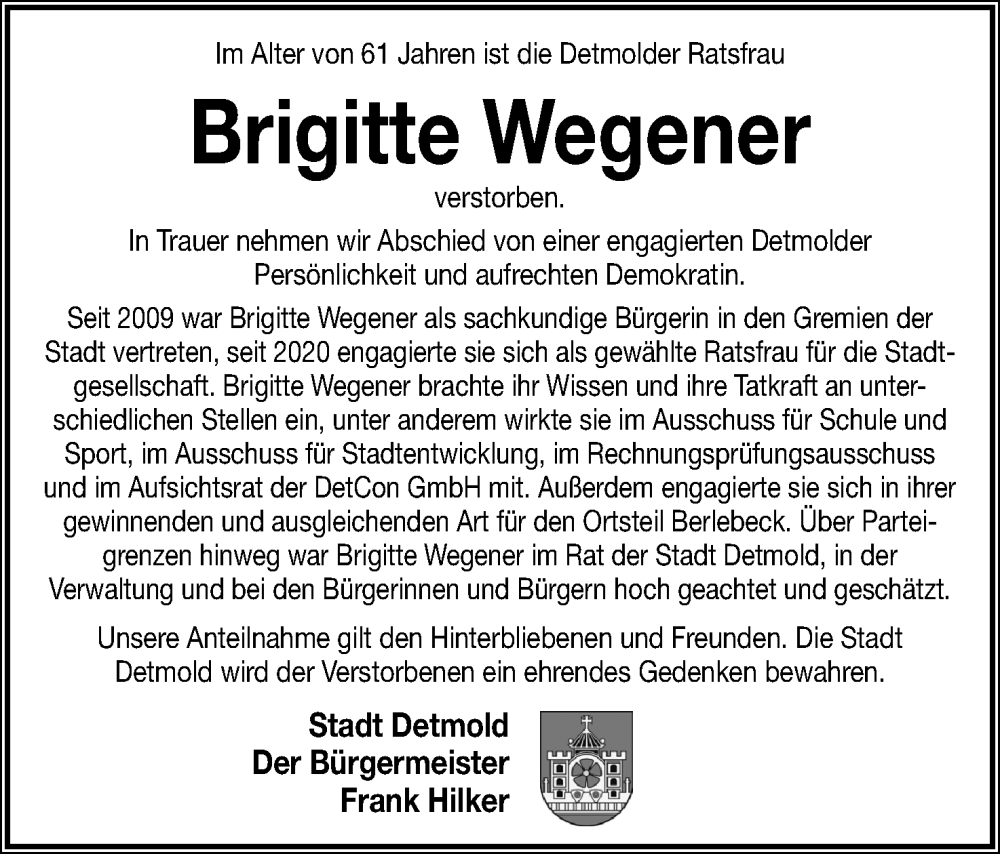  Traueranzeige für Brigitte Wegener vom 04.11.2023 aus Lippische Landes-Zeitung