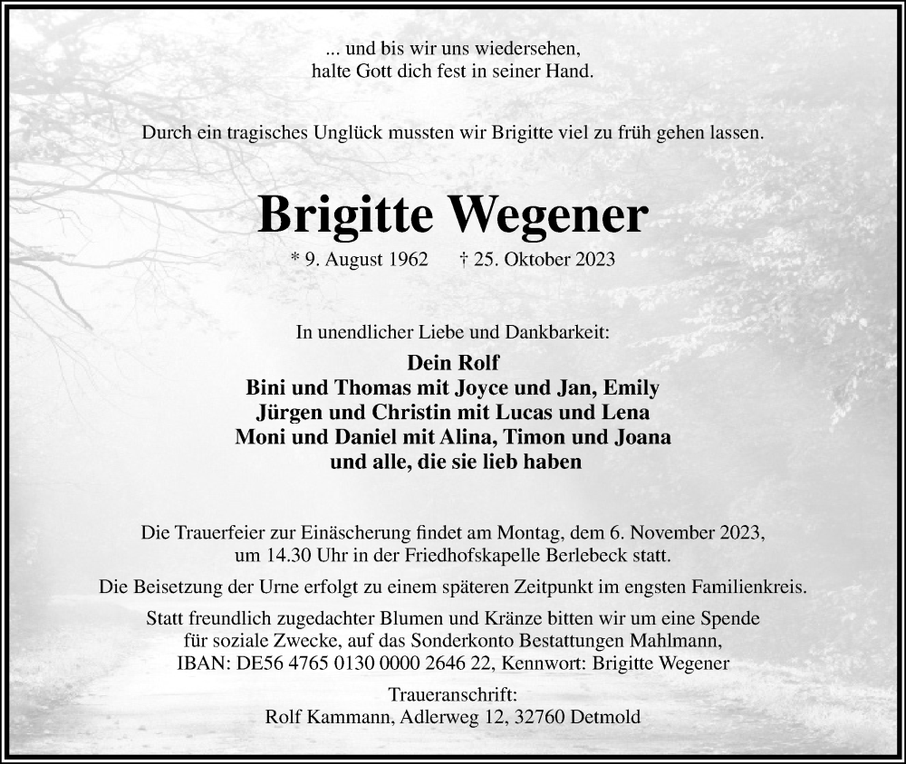  Traueranzeige für Brigitte Wegener vom 04.11.2023 aus Lippische Landes-Zeitung