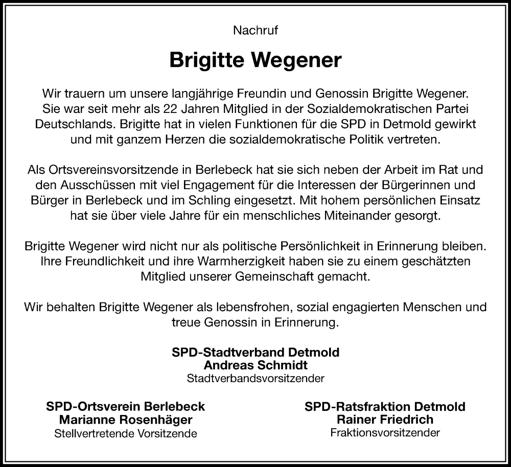  Traueranzeige für Brigitte Wegener vom 04.11.2023 aus Lippische Landes-Zeitung