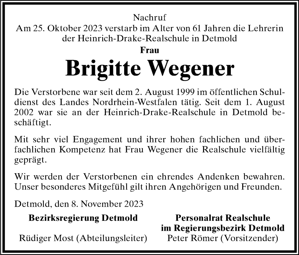  Traueranzeige für Brigitte Wegener vom 10.11.2023 aus Lippische Landes-Zeitung