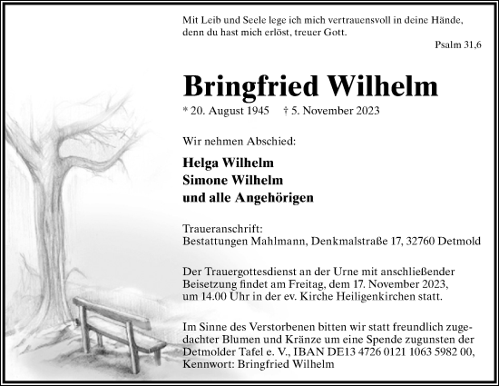 Anzeige  Bringfried Wilhelm  Lippische Landes-Zeitung