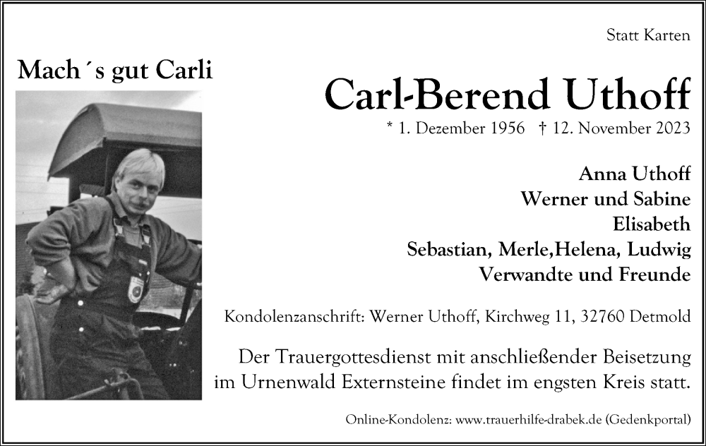  Traueranzeige für Carl-Berend Uthoff vom 18.11.2023 aus Lippische Landes-Zeitung