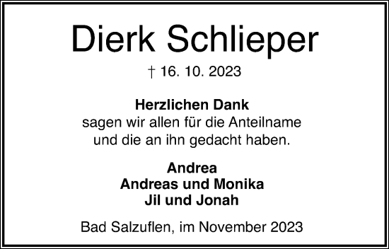 Anzeige  Dierk Schlieper  Lippische Landes-Zeitung