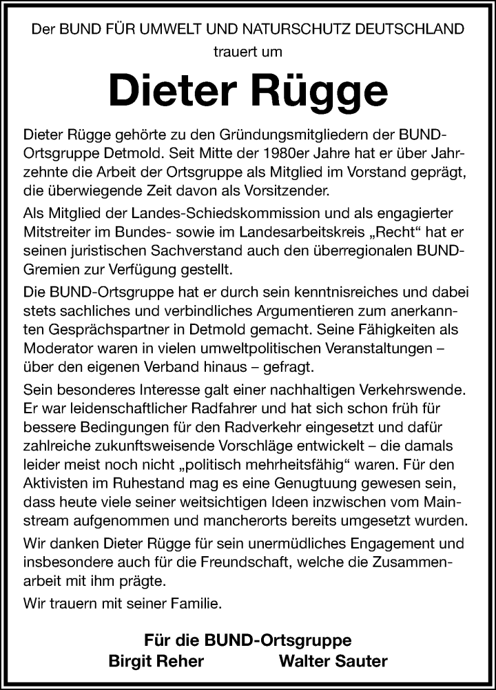  Traueranzeige für Dieter Rügge vom 25.11.2023 aus Lippische Landes-Zeitung