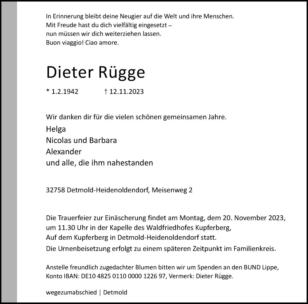  Traueranzeige für Dieter Rügge vom 18.11.2023 aus Lippische Landes-Zeitung