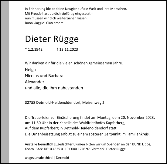 Anzeige  Dieter Rügge  Lippische Landes-Zeitung