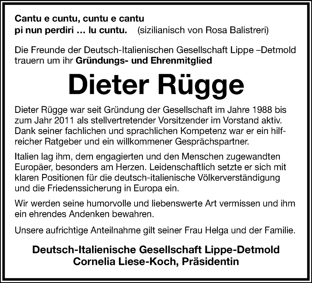  Traueranzeige für Dieter Rügge vom 25.11.2023 aus Lippische Landes-Zeitung