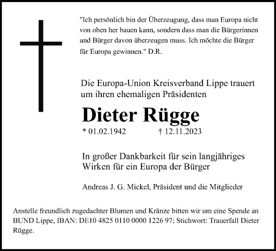 Anzeige  Dieter Rügge  Lippische Landes-Zeitung