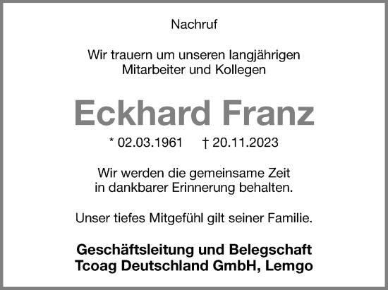 Anzeige  Eckhard Franz  Lippische Landes-Zeitung
