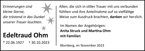 Anzeige  Edeltraud Ohm  Lippische Landes-Zeitung