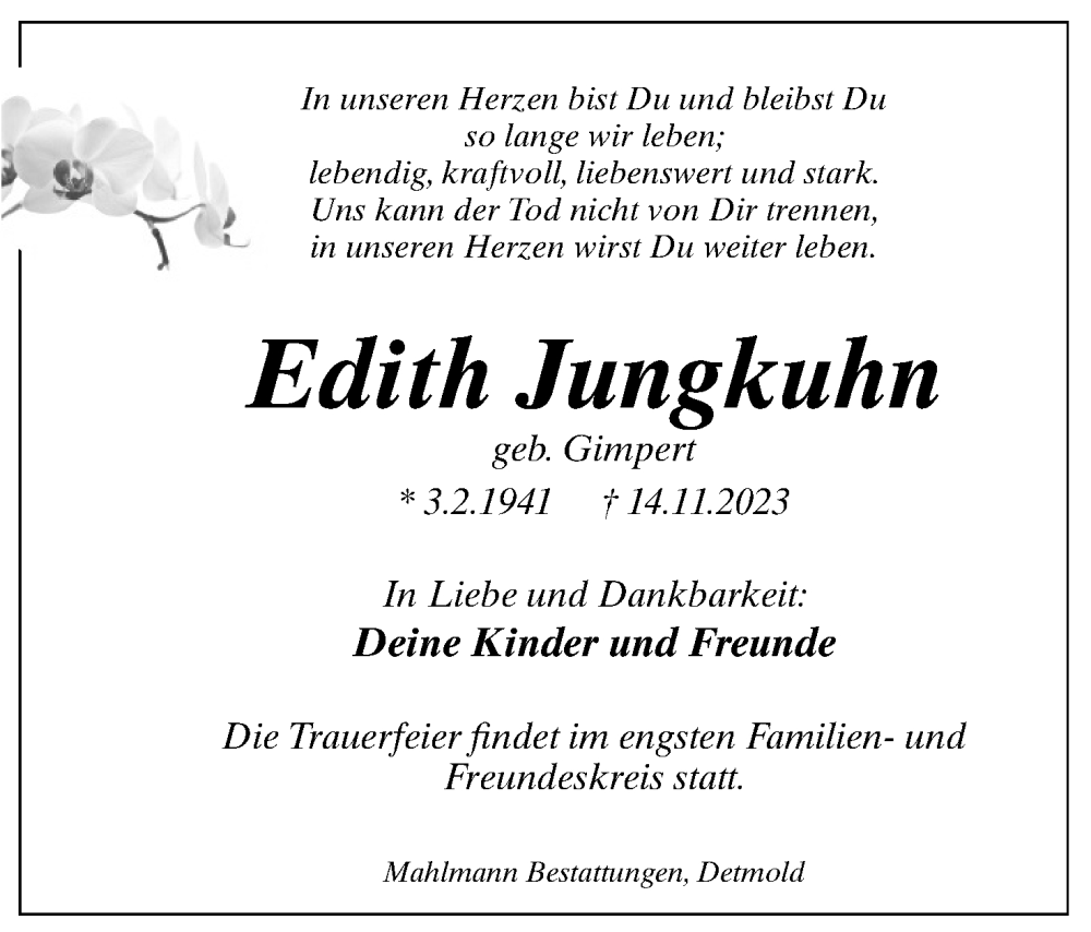  Traueranzeige für Edith Jungkuhn vom 18.11.2023 aus Lippische Landes-Zeitung