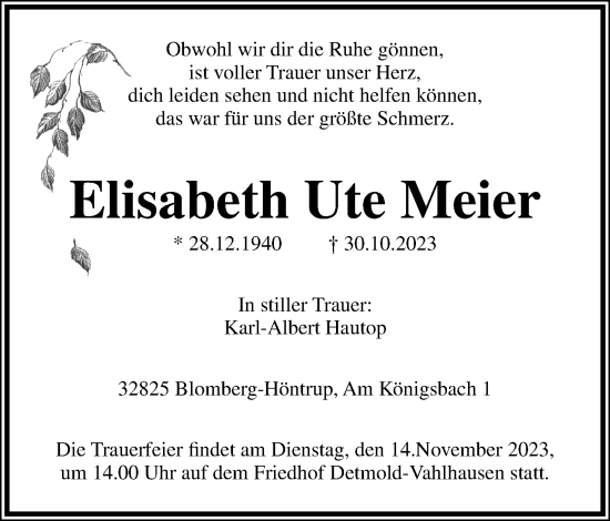 Anzeige  Elisabeth Ute Meier  Lippische Landes-Zeitung