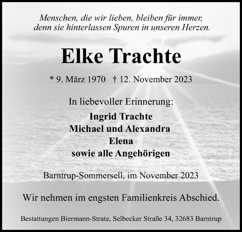  Traueranzeige für Elke Trachte vom 18.11.2023 aus Lippische Landes-Zeitung