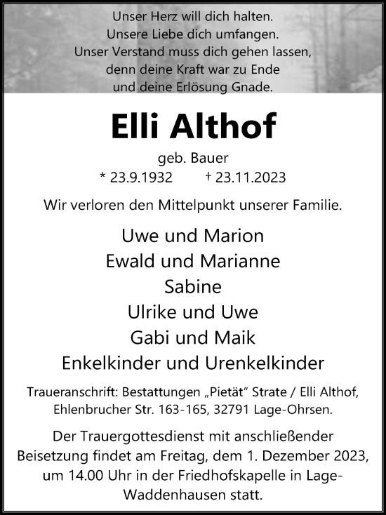 Anzeige  Elli Althof  Lippische Landes-Zeitung