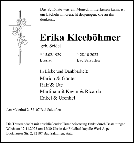 Anzeige  Erika Kleeböhmer  Lippische Landes-Zeitung