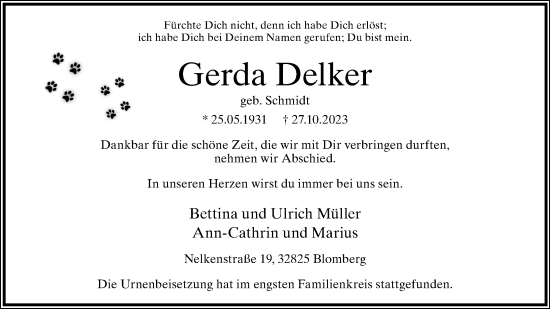 Anzeige  Gerda Delker  Lippische Landes-Zeitung