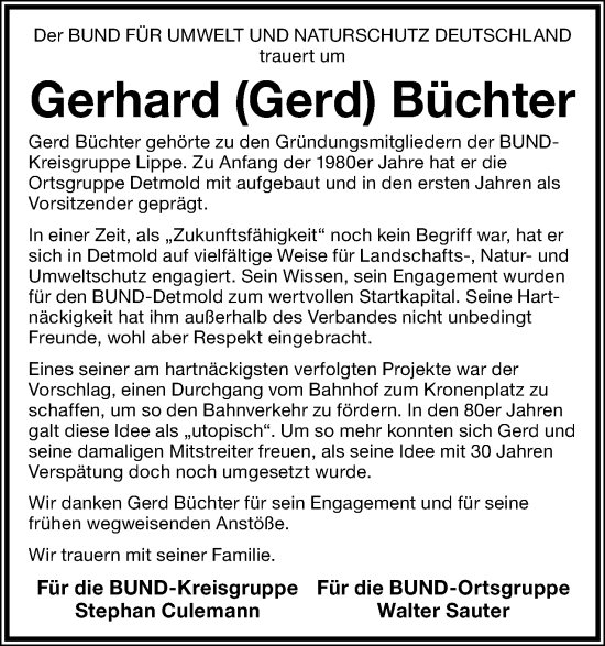 Anzeige  Gerhard Büchter  Lippische Landes-Zeitung