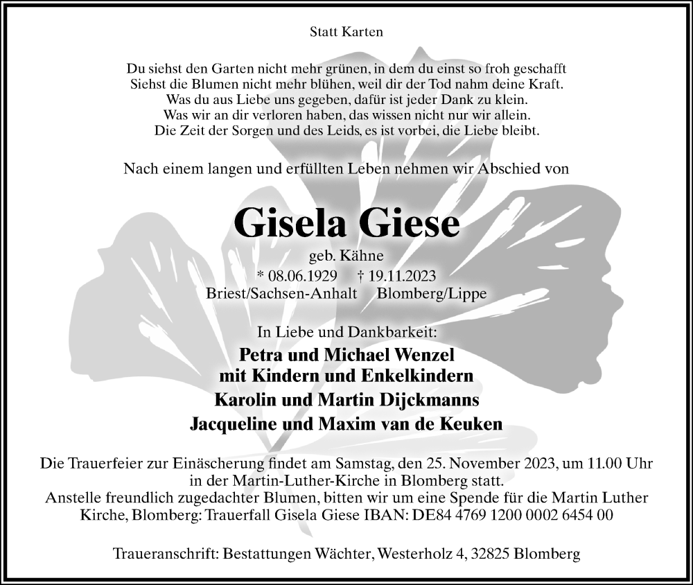  Traueranzeige für Gisela Giese vom 22.11.2023 aus Lippische Landes-Zeitung