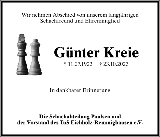 Anzeige  Günter Kreie  Lippische Landes-Zeitung