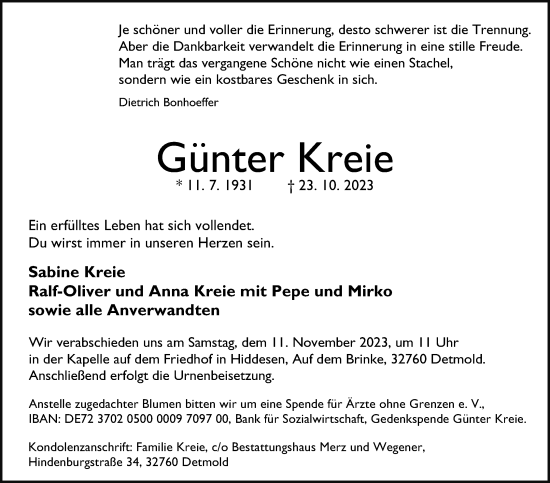 Anzeige  Günter Kreie  Lippische Landes-Zeitung