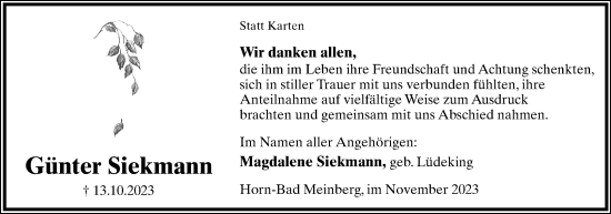 Anzeige  Günter Siekmann  Lippische Landes-Zeitung
